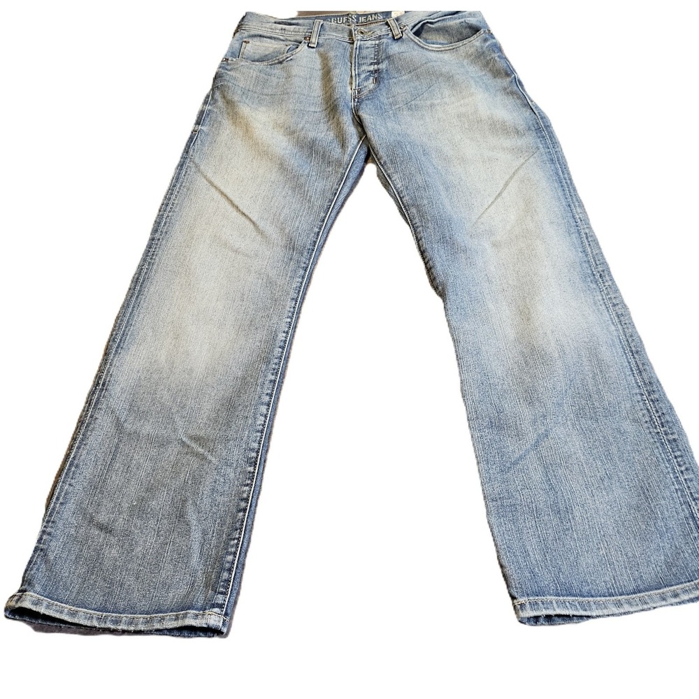 Guess The Dean Straight Mens Jeans 31x30 Button Fly Wide Leg Blue Paint Splatter